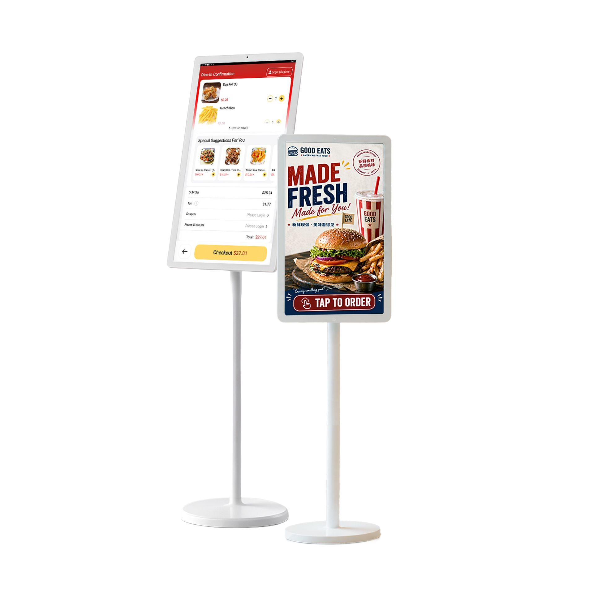 Front Kiosk restaurant self-ordering software on 2 Sunmi k2 kiosks with kiosk ordering and menu interfaces