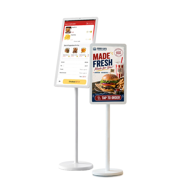 Front Kiosk restaurant self-ordering software on 2 Sunmi k2 kiosks with kiosk ordering and menu interfaces