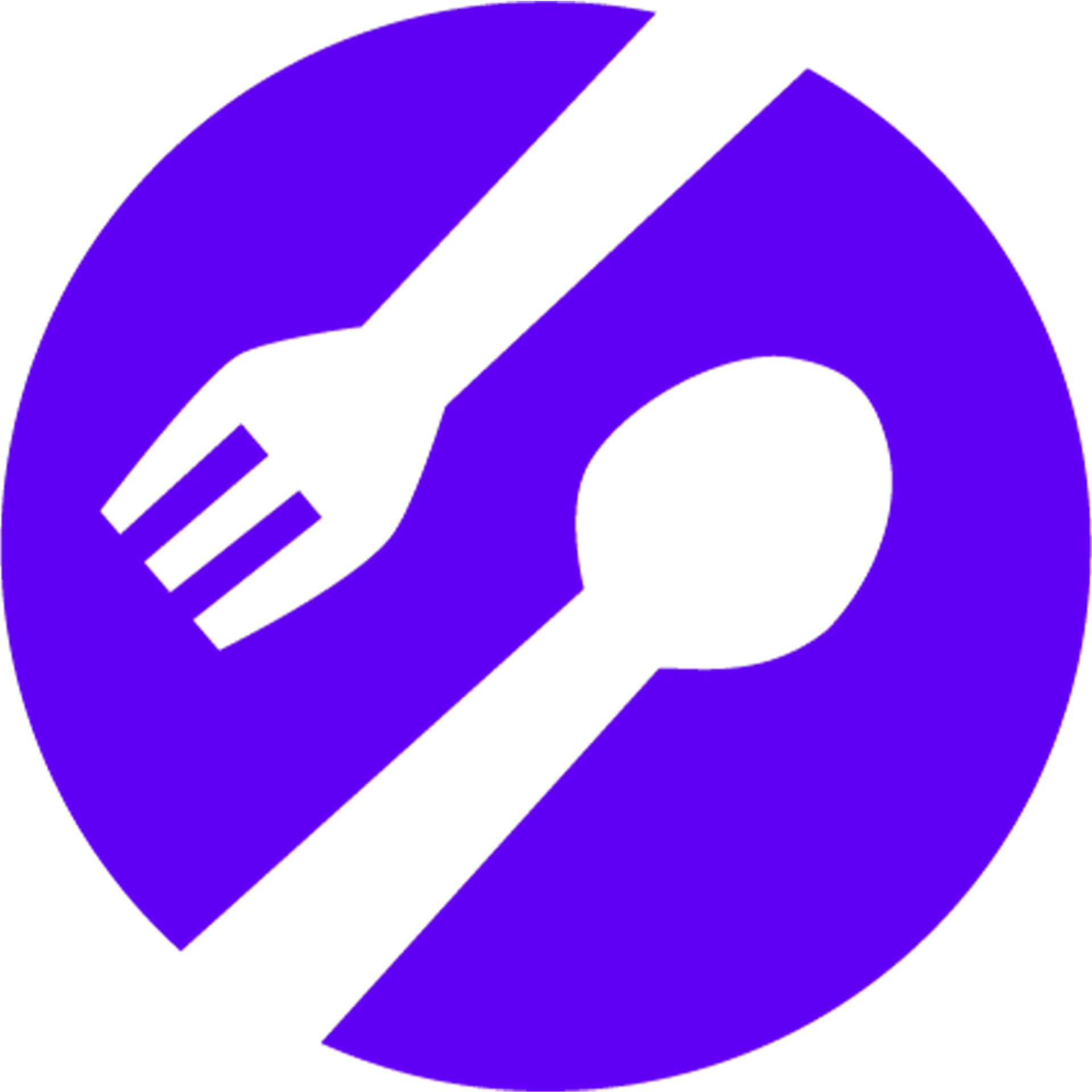 Front restaurant technology icon logo purple circle with fork and spoon diagonal silhouettes