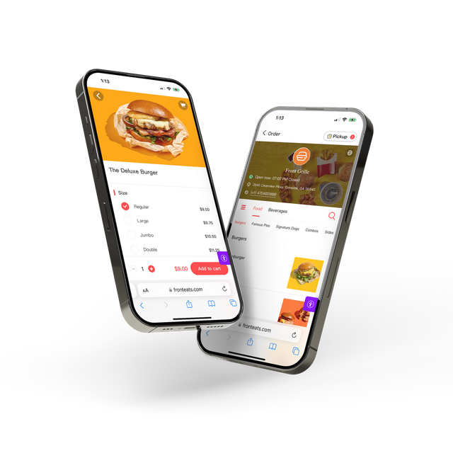 Front Eats restaurant online ordering platform on two iPhones with ordering and menu interfaces for a burger restaurant.