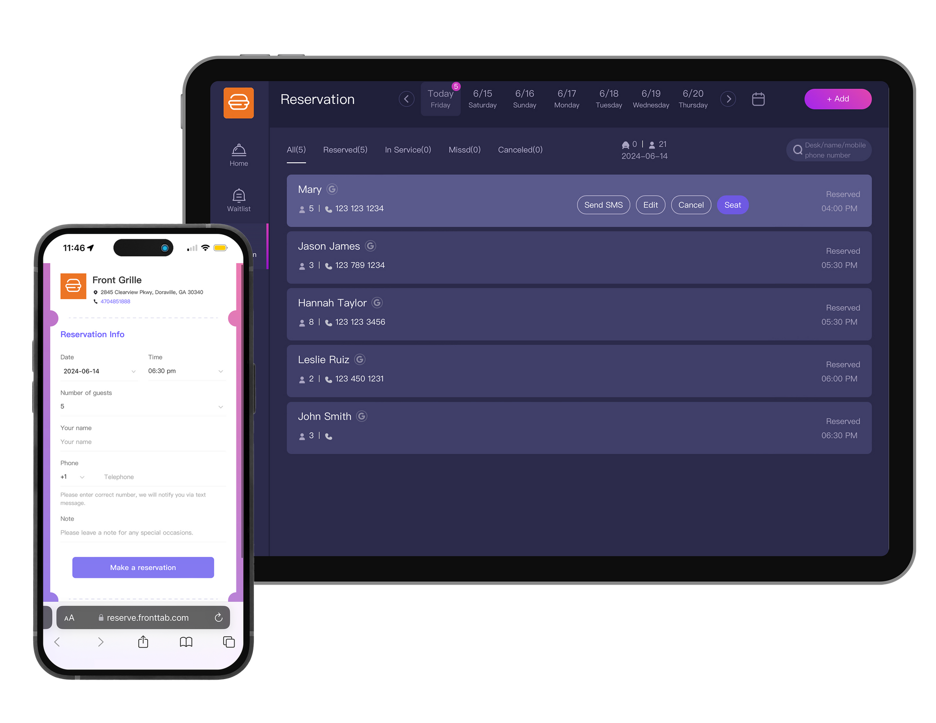 Front Reserve restaurant reservation system create new reservation interface on Front Tab tablet & make reservation on phone