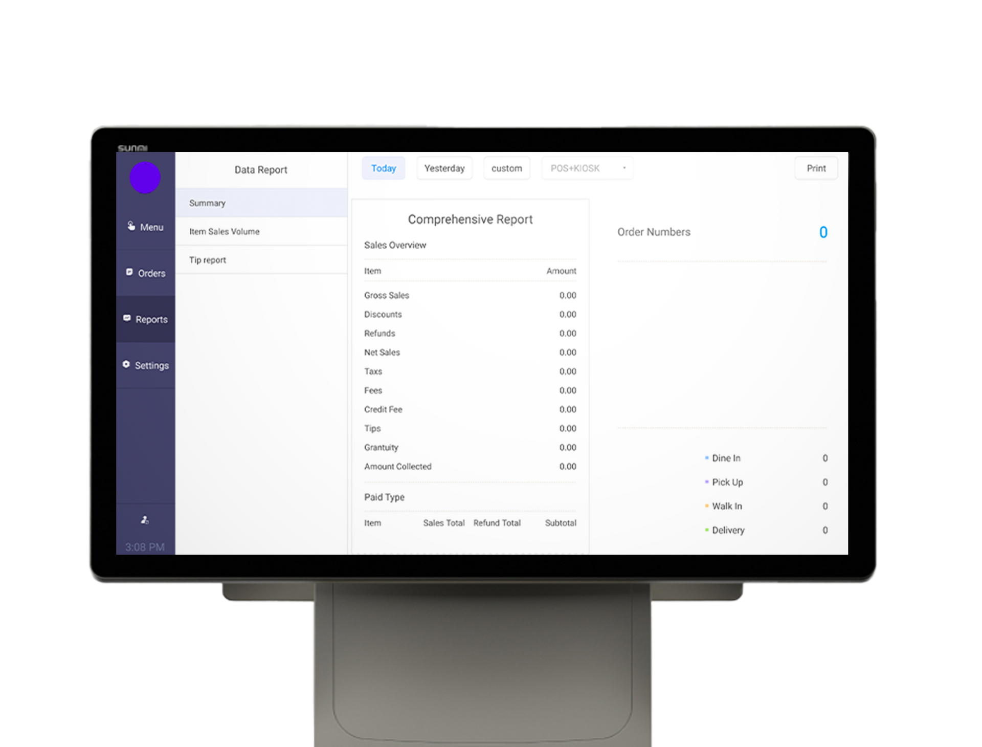 Front Station restaurant point of sale POS system comprehensive reports interface on Sunmi D3 pro showing daily sales data