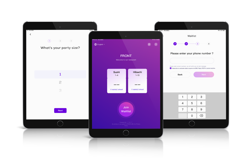 Front Waitlist restaurant waitlist system on 3 tablets with the join waitlist, party size & phone number c-facing interface.