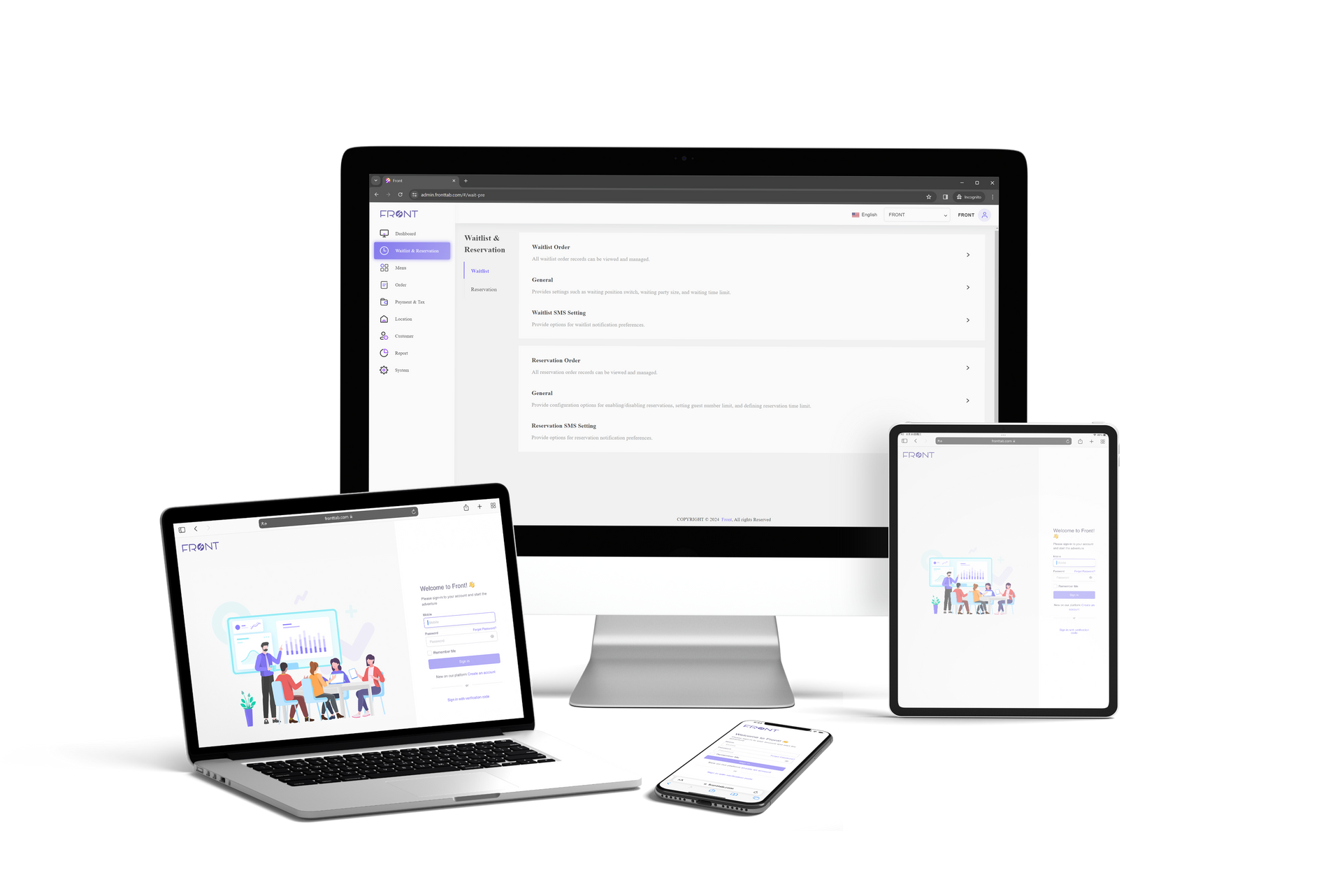 Front Tab interface on a computer, a laptop, a tablet, and a mobile