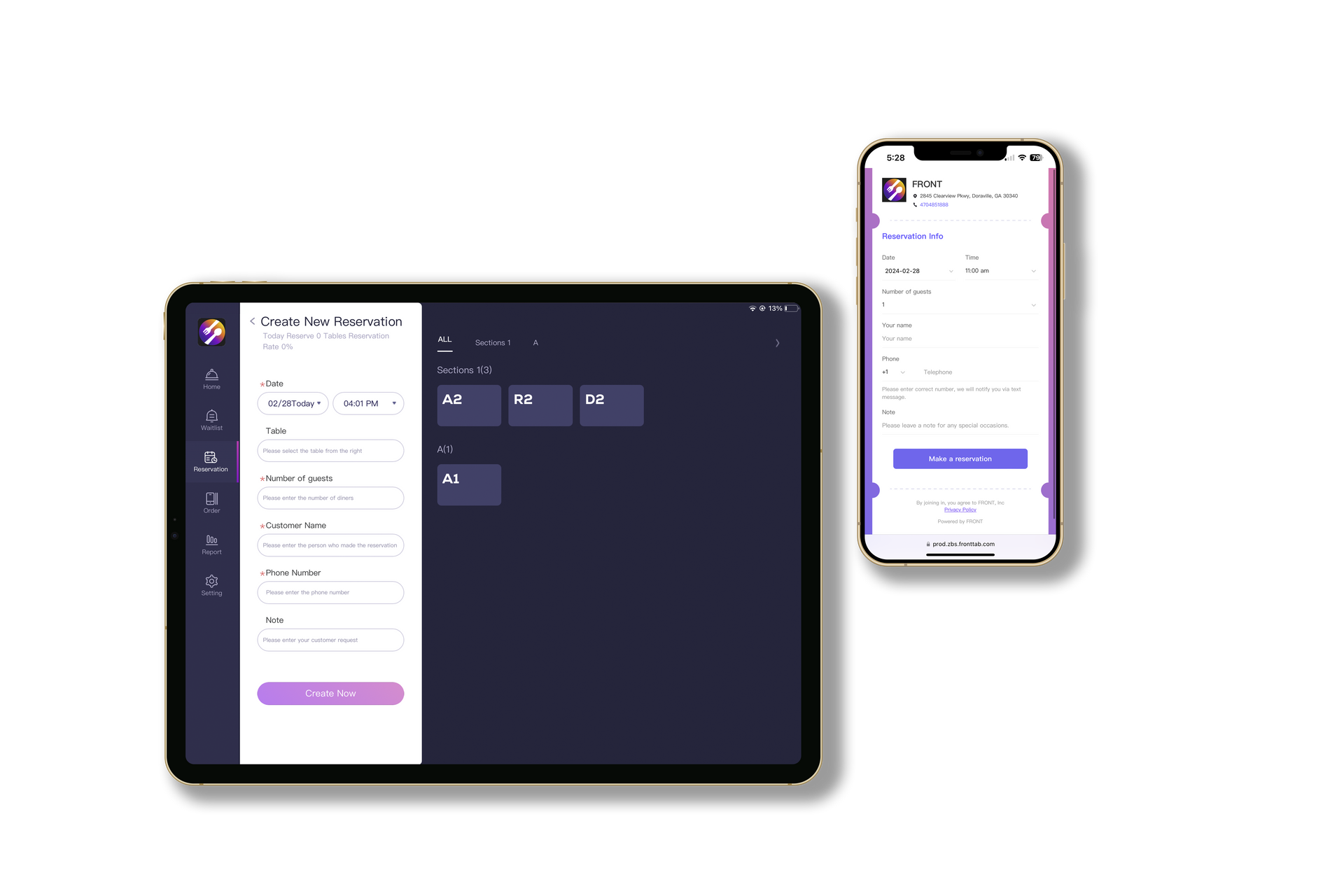Front Reserve restaurant reservation system create new reservation interface on Front Tab tablet & make reservation on phone