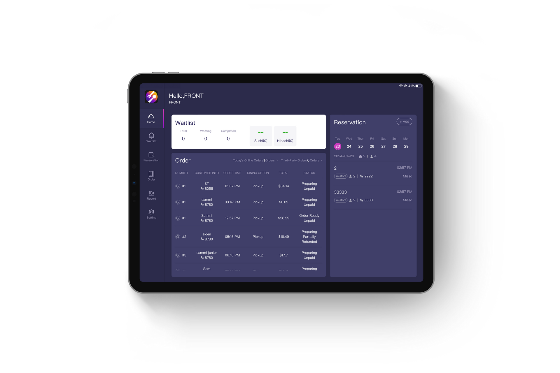 Front Tab restaurant back office dashboard for waitlist reservation and online ordering management on iPad tablet and POS