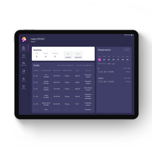 Front Tab restaurant back office dashboard for waitlist reservation and online ordering management on iPad tablet and POS