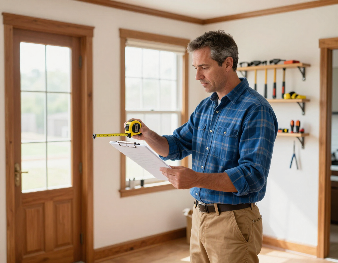 Man measuring a room with a tape measure and clipboard near windows and tools on the wall
