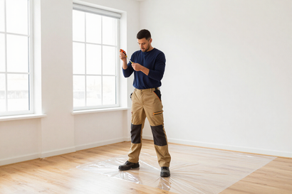 Person in a blue shirt and tan pants measuring a wall in a bright empty room.