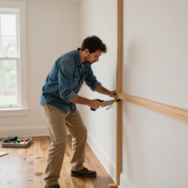 Man measuring and nailing wood trim along a white wall in a bright room