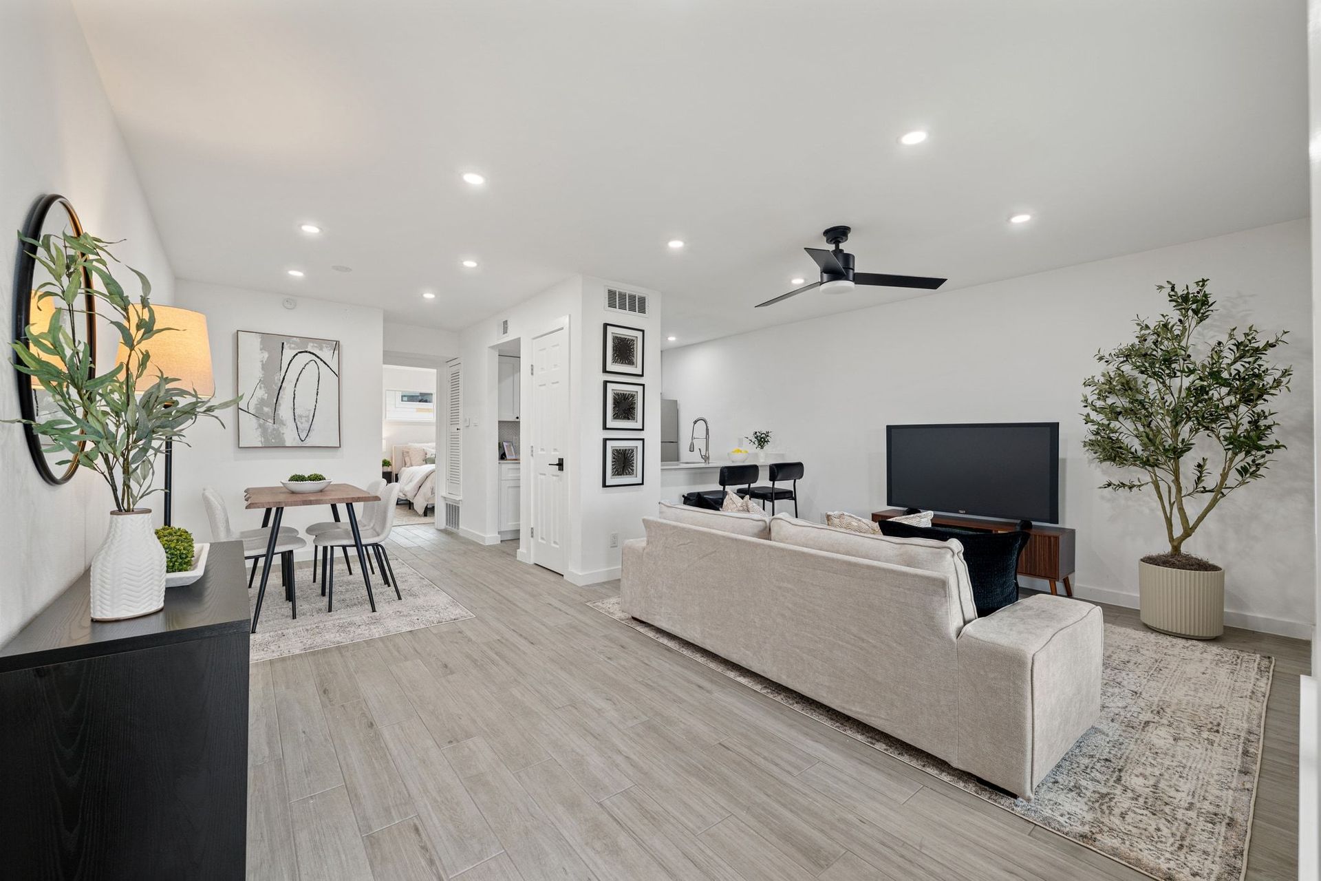 Bright modern open-plan living room with sofa, TV, dining table, and large potted plants
