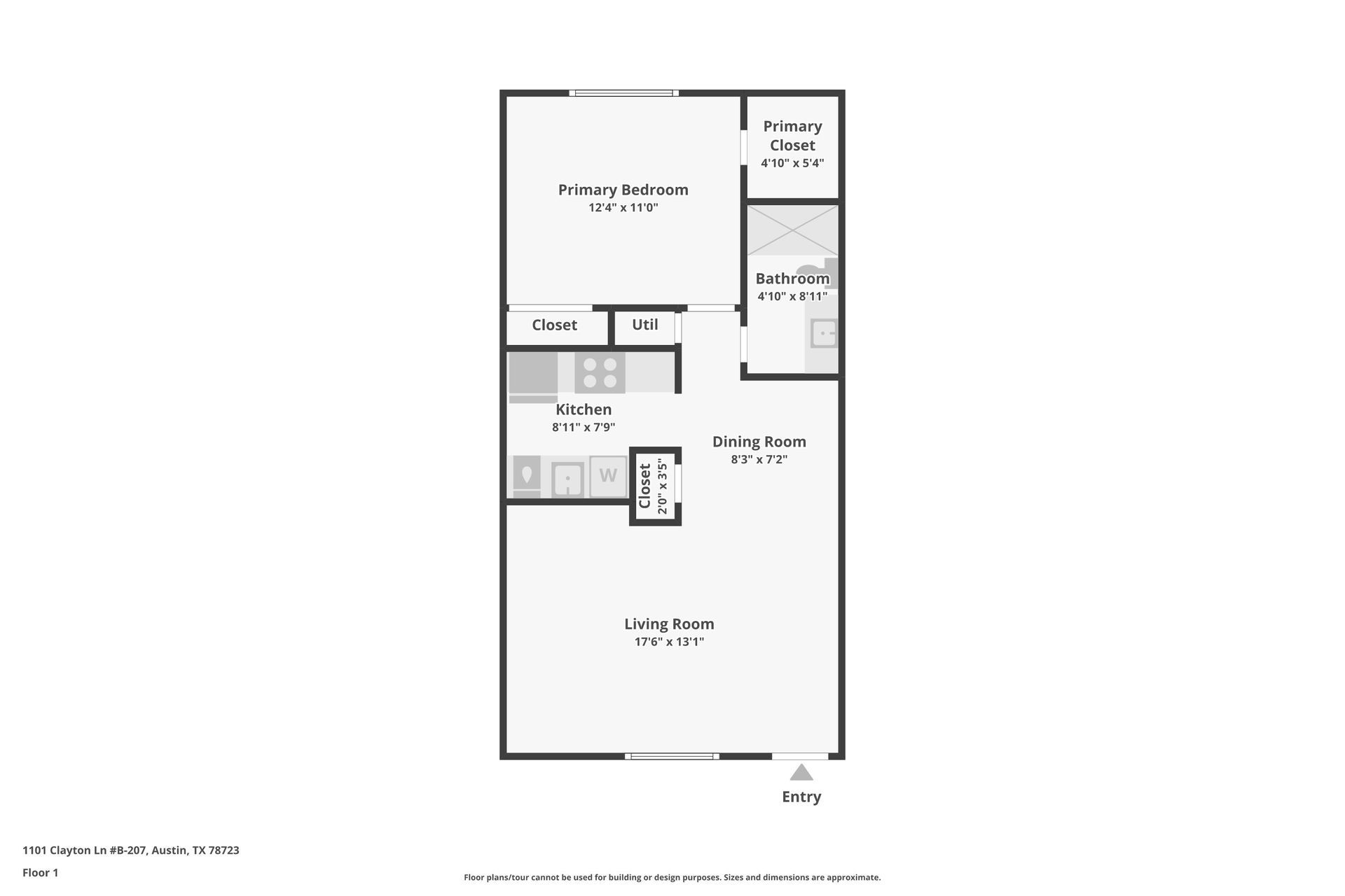 Small black-and-white floor plan with labeled rooms and dimensions, shown on a white background.