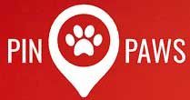 Pin Paws logo in white on a red background with a white map pin and paw print icon