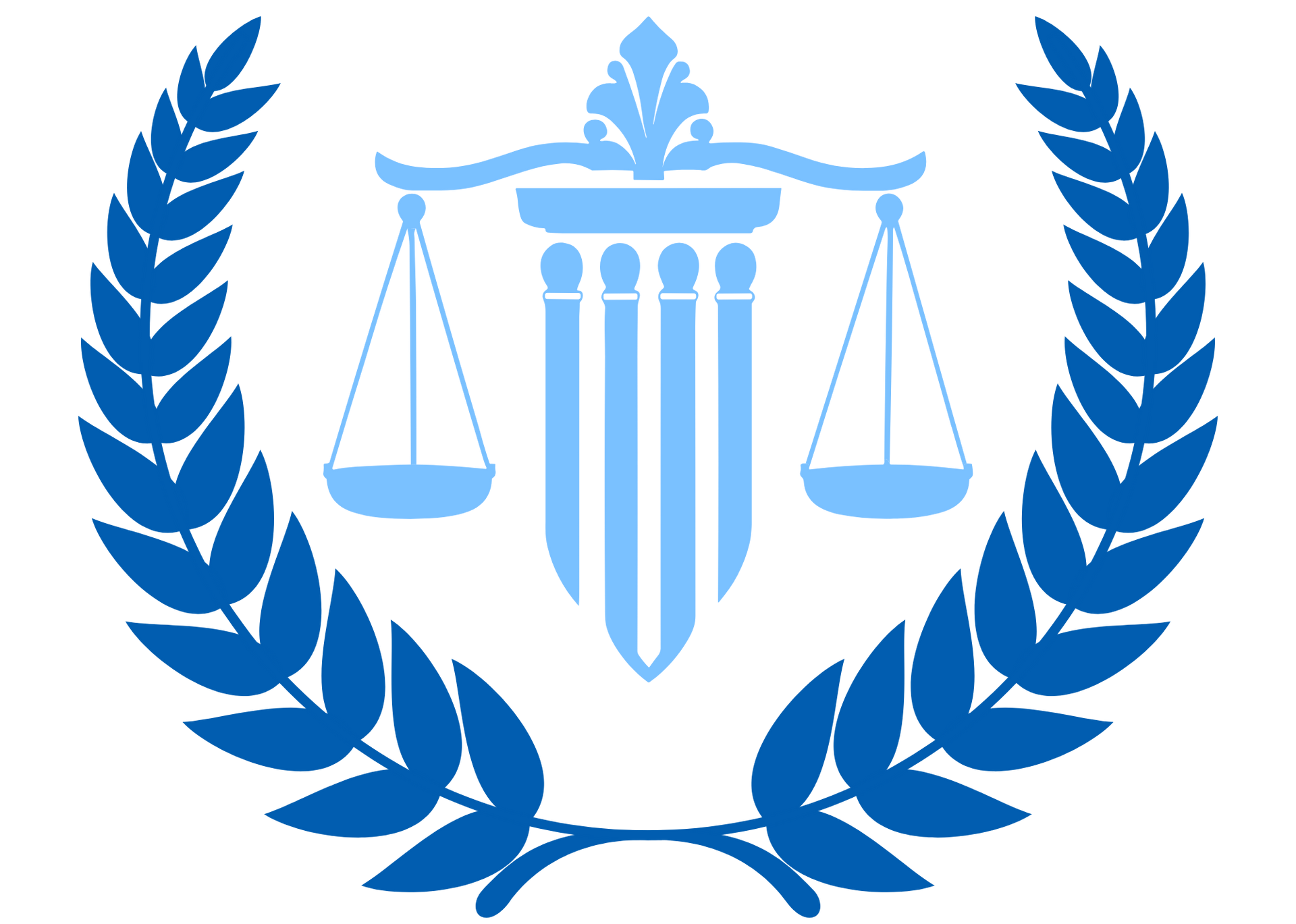 Blue justice emblem with scales, columns, and laurel wreath