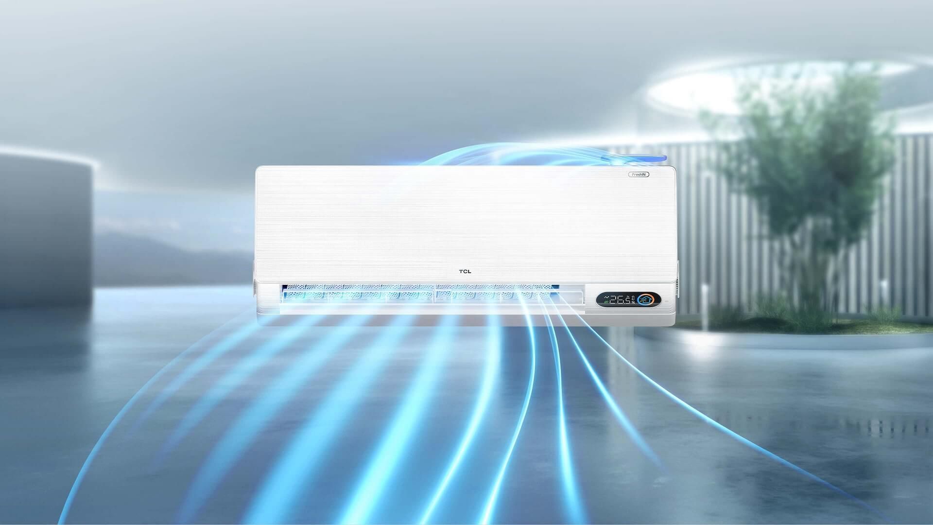 Aire acondicionado que sopla aire fresco. Unidad blanca en un ambiente moderno. Luz azul que se proyecta hacia el exterior.