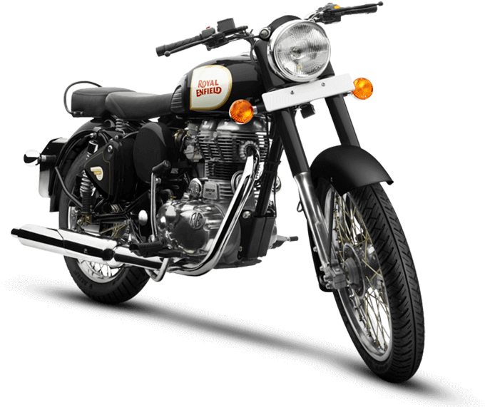 Motocicleta clássica preta com detalhes cromados e farol redondo sobre fundo branco.