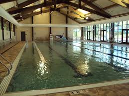 Indoor swimming pool with lanes, natural light, wooden beams, and windows.