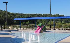 Pool with a pink slide and water fountains under a blue shade structure, with trees in the background.