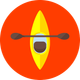 Yellow kayak with brown paddle in front of a brown interior, against an orange circle background.