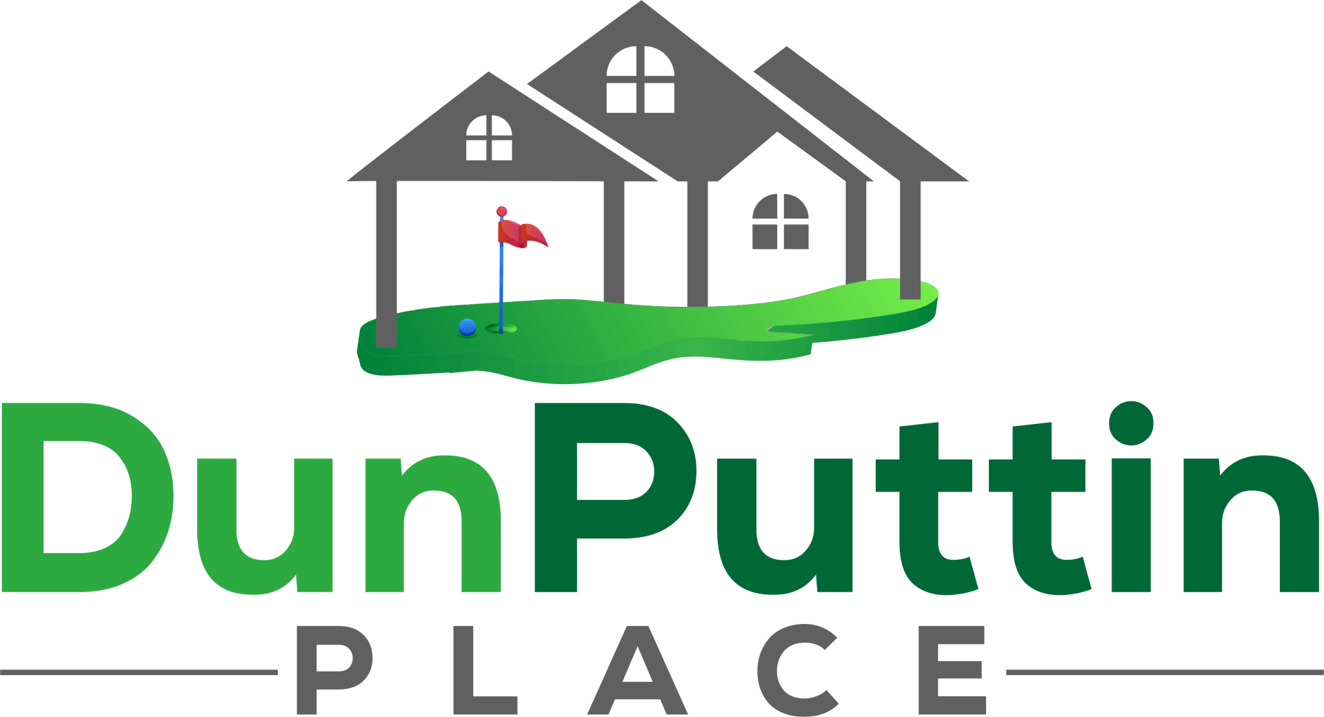 Logo for DunPuttin Place: Golf course with green text, a house icon, and the words 