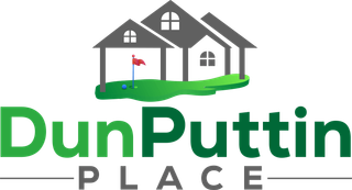 Logo for DunPuttin Place: Golf course with green text, a house icon, and the words 