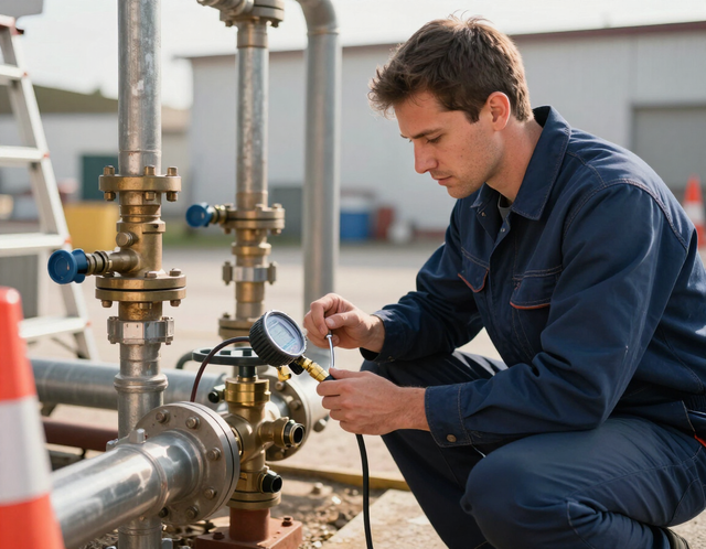 Technician inspecting industrial piping with a gauge at an outdoor facility