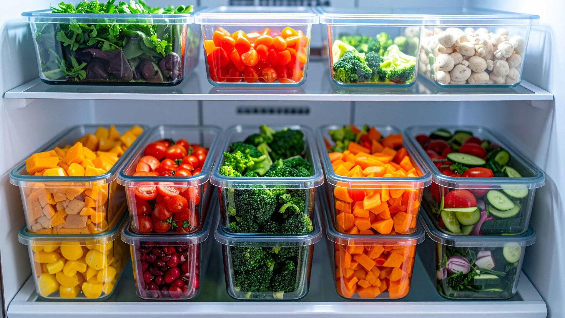 Refrigerator filled with containers of chopped, colorful vegetables: greens, carrots, broccoli.