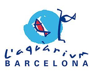 Un logotipo para el acuario de Barcelona con un círculo azul con un pez encima.