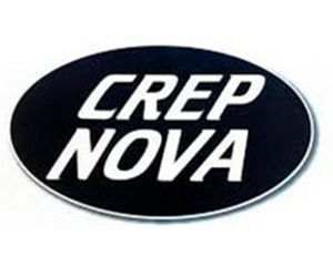 Una pegatina ovalada negra que dice crep nova.
