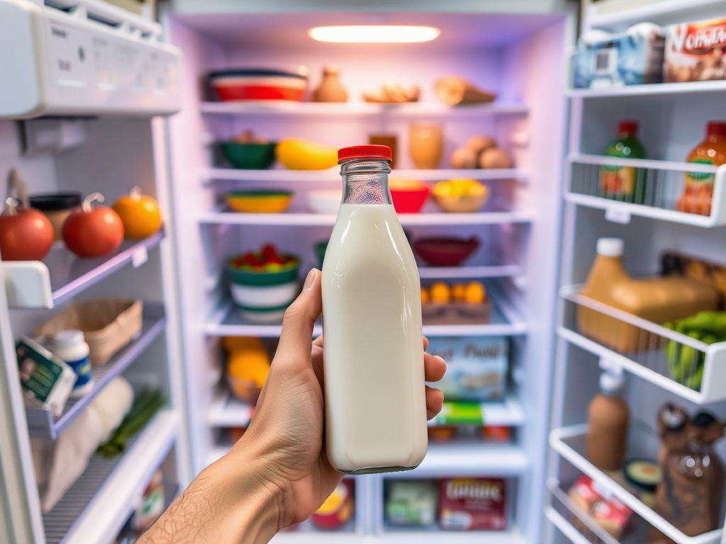 Una persona sostiene una botella de leche frente a un refrigerador abierto.