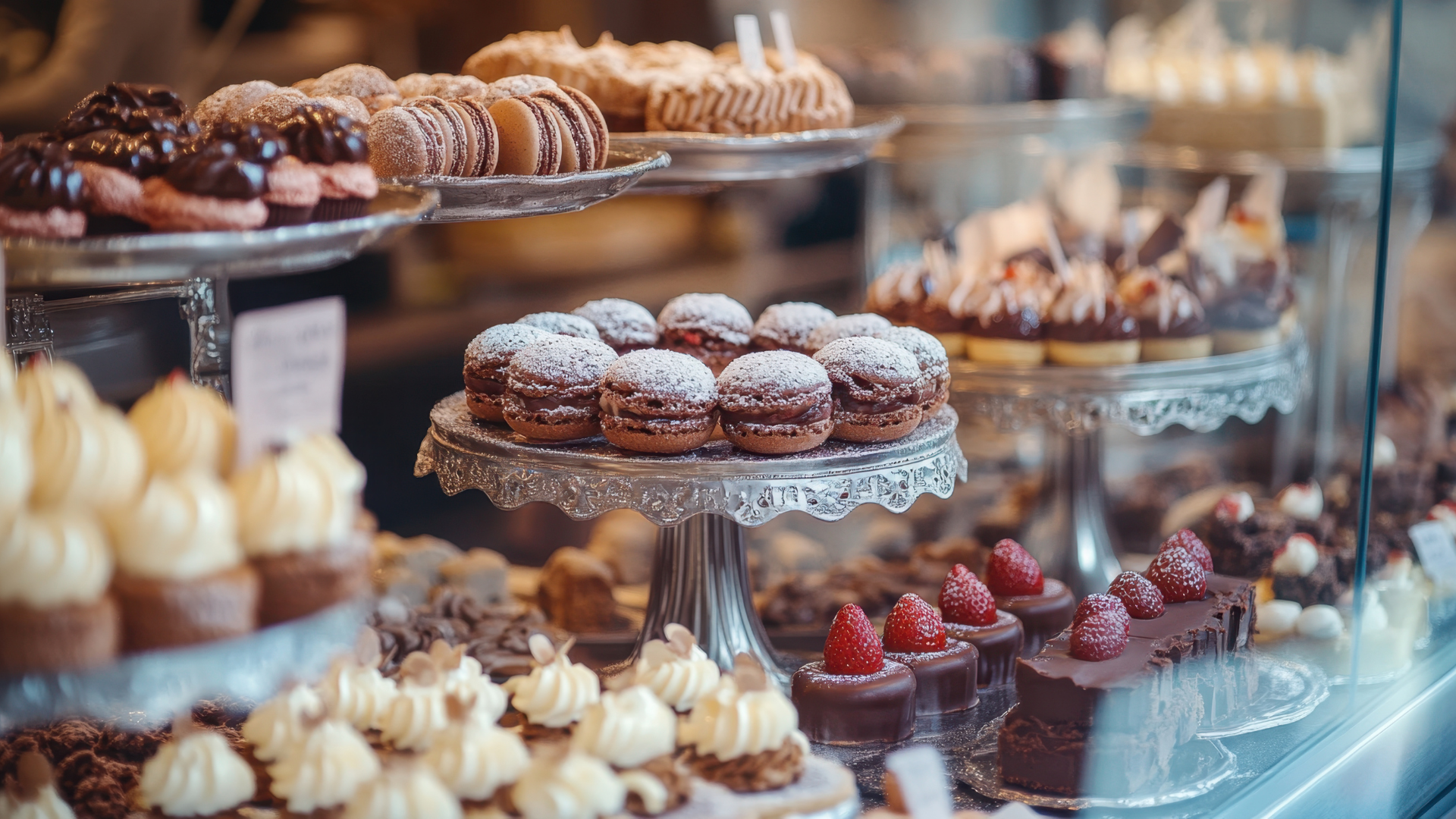 Bakery display case filled with various pastries and desserts on silver tiered stands.