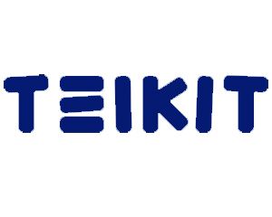 Un logotipo azul y blanco para Teikit sobre un fondo blanco.