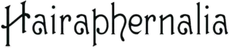 A black and white logo for Hairaphernalia with a phone number. The word hairaphernalia is written in black on a white background.