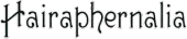 A black and white logo for Hairaphernalia with a phone number. The word hairaphernalia is written in black on a white background