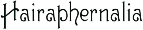 A black and white logo for Hairaphernalia with a phone number. The word hairaphernalia is written in black on a white background