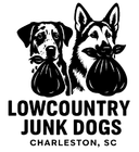 Black and white logo of two dogs holding bags of trash in their mouths, with text "LOWCOUNTRY JUNK DOGS CHARLESTON, SC".
