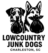 Black and white logo of two dogs holding bags of trash in their mouths, with text