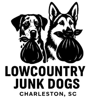 Black and white logo of two dogs holding bags of trash in their mouths, with text "LOWCOUNTRY JUNK DOGS CHARLESTON, SC".