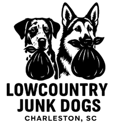 Black and white logo of two dogs holding bags of trash in their mouths, with text "LOWCOUNTRY JUNK DOGS CHARLESTON, SC".