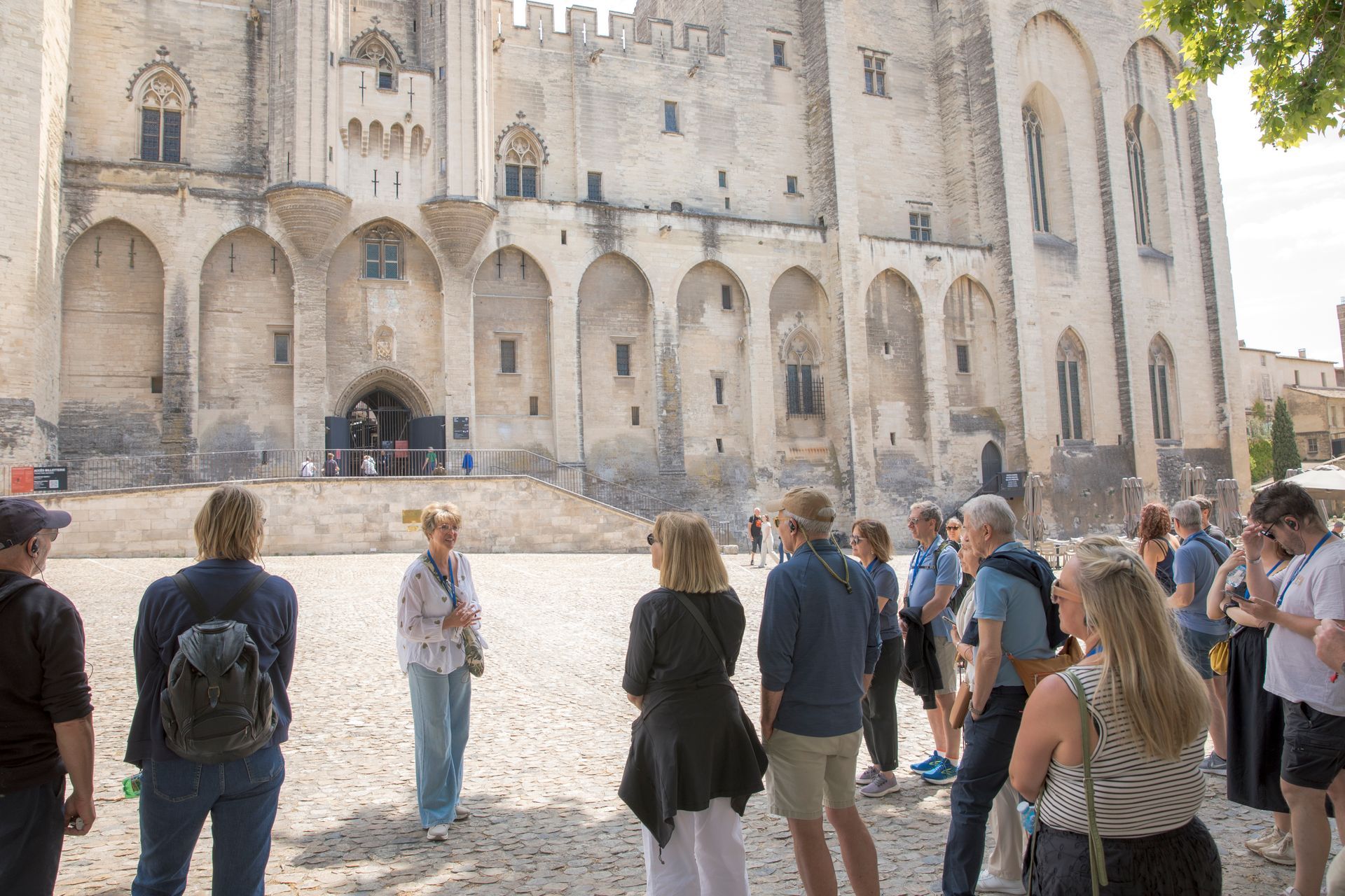 English-speaking group tour in Avignon in front of the Palais des Papes with a licensed guide