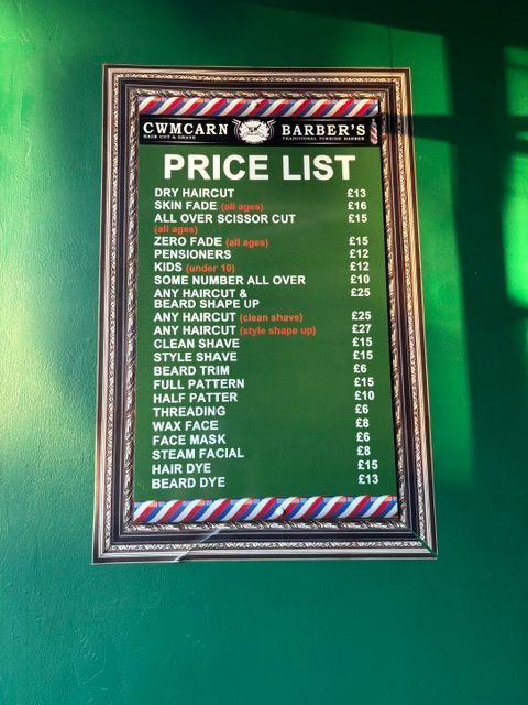 Cwmcarn Barbers Price List