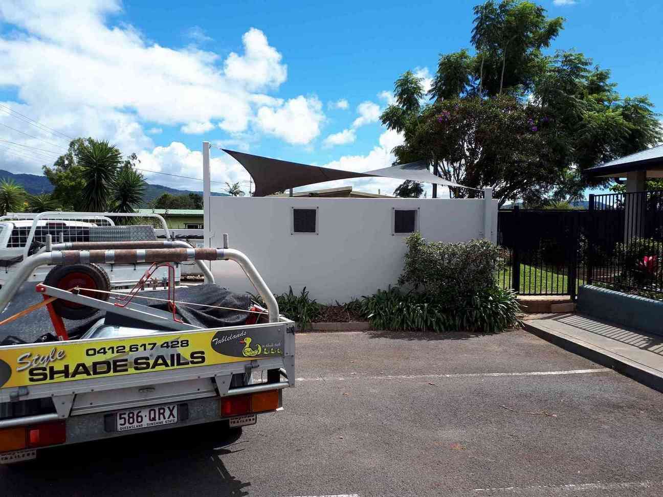 A Truck With A Sign On The Back That Says Shade Sails — Style Shades Installation In Edmonton, QLD