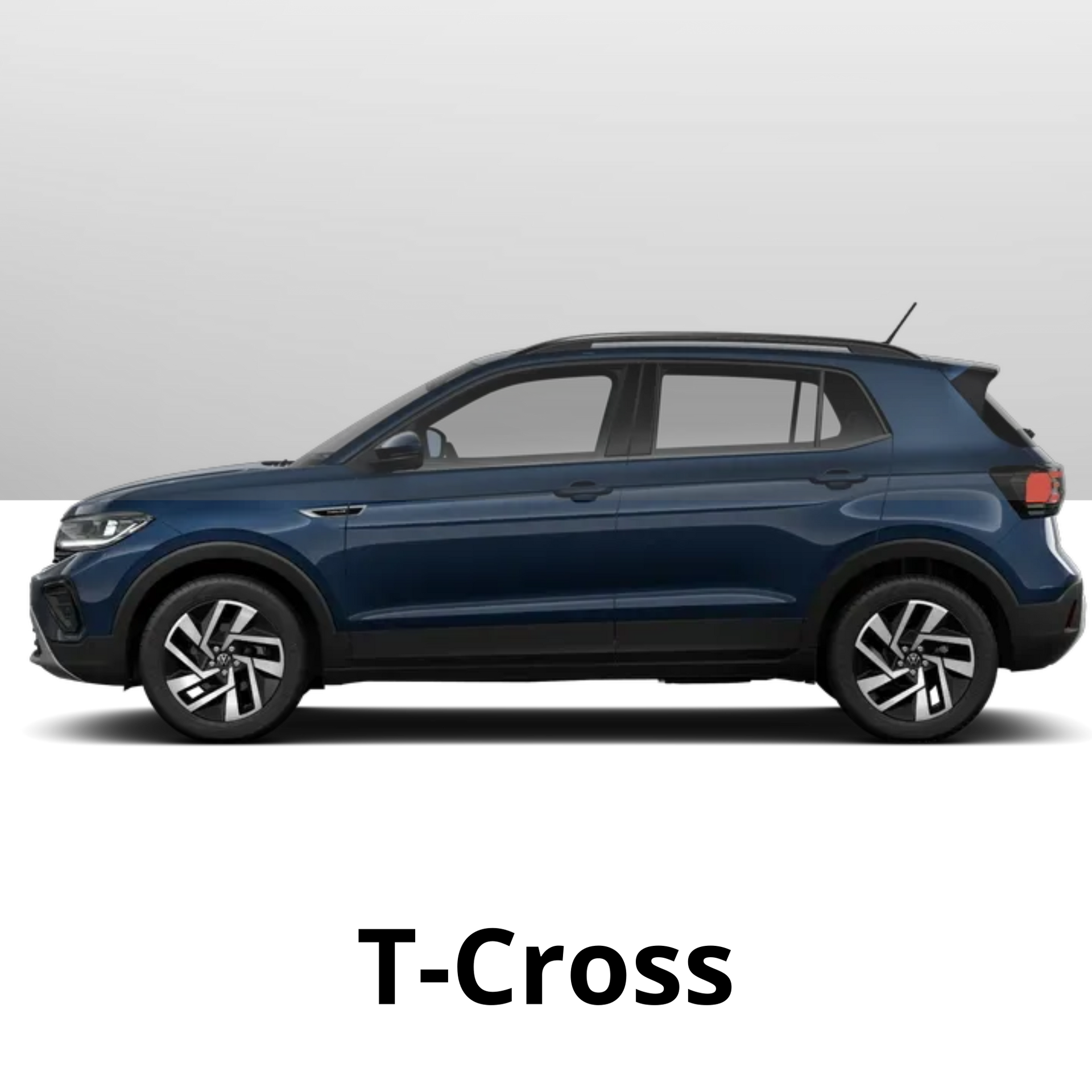 Um SUV Volkswagen T-Cross azul escuro, visto de perfil contra um fundo liso, com o nome do modelo abaixo.