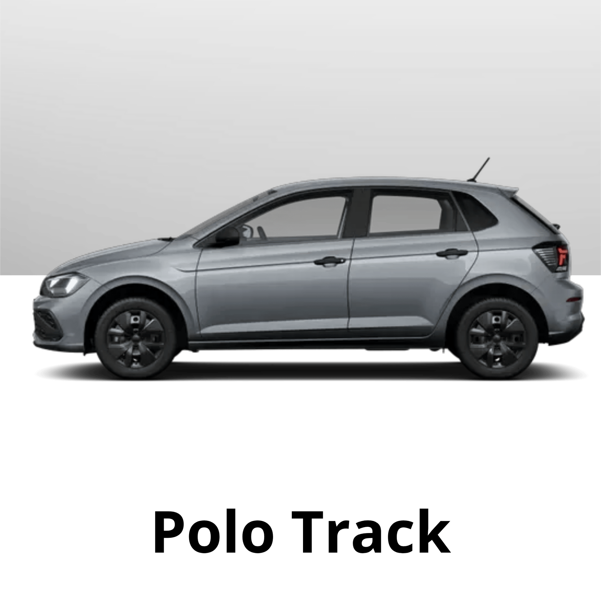 Vista lateral de um Volkswagen Polo Track hatchback cinza, isolado contra um fundo neutro.