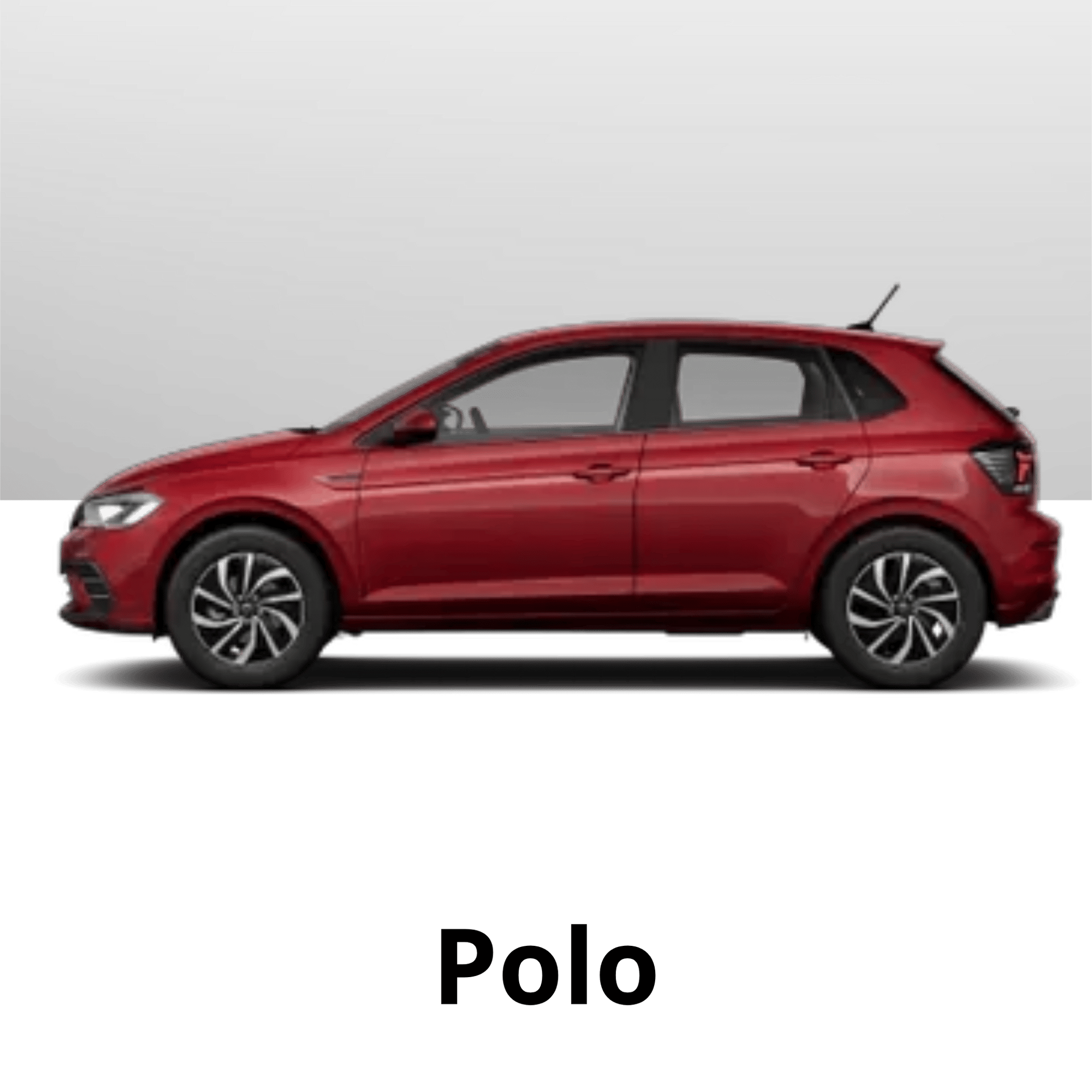 Um Volkswagen Polo hatchback vermelho, visto de perfil, contra um fundo cinza liso.