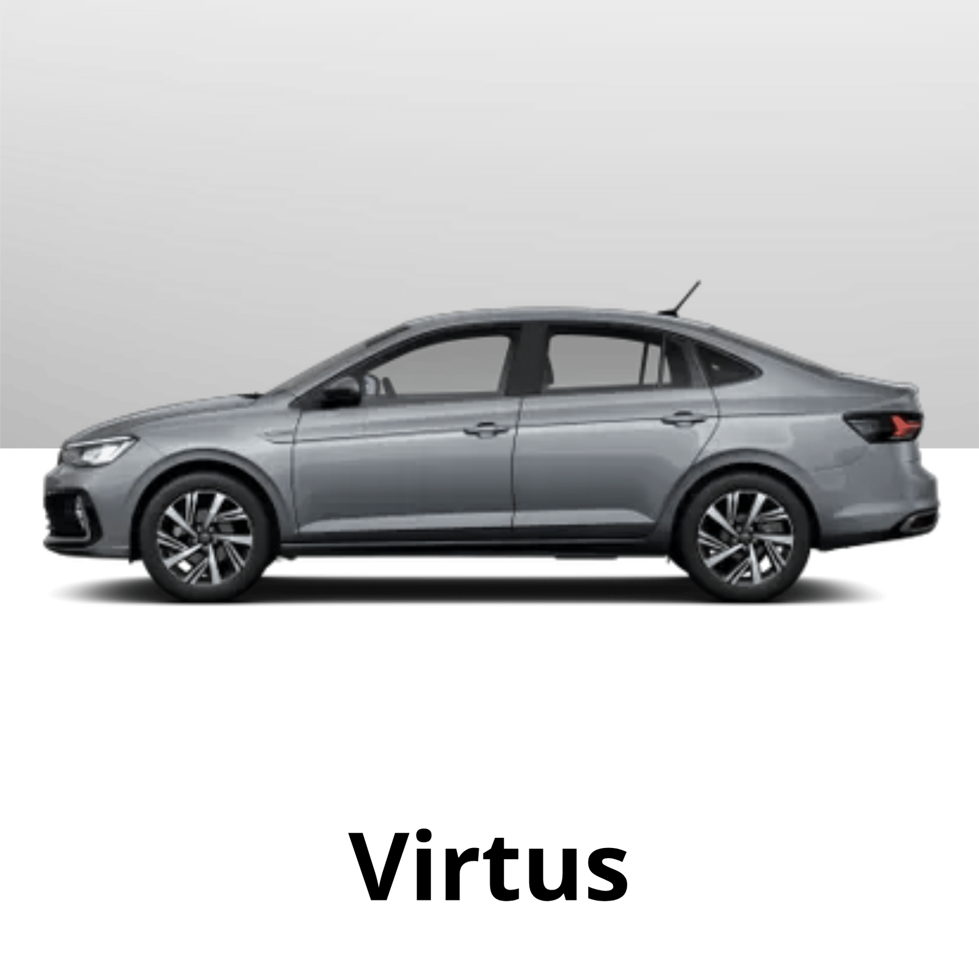 Um Volkswagen Virtus sedan cinza, visto de perfil contra um fundo liso branco e cinza.