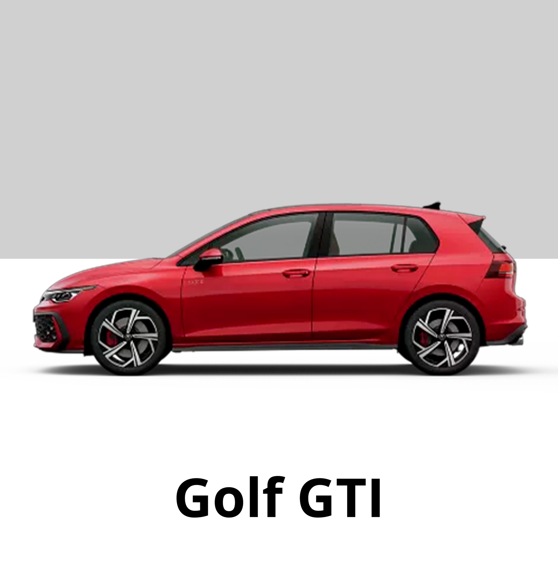 Um Volkswagen Golf GTI hatchback vermelho, visto de frente em um ângulo de três quartos, contra um fundo cinza liso.