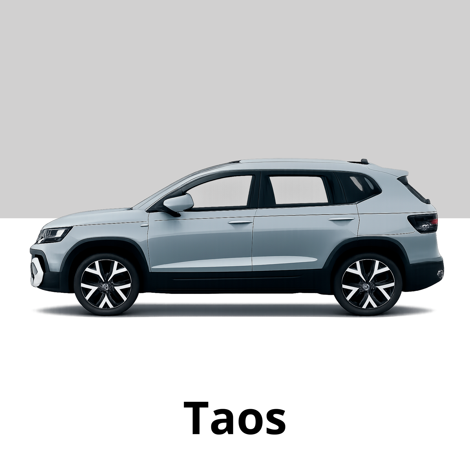SUV Volkswagen Taos cinza claro estacionado contra um fundo cinza liso.