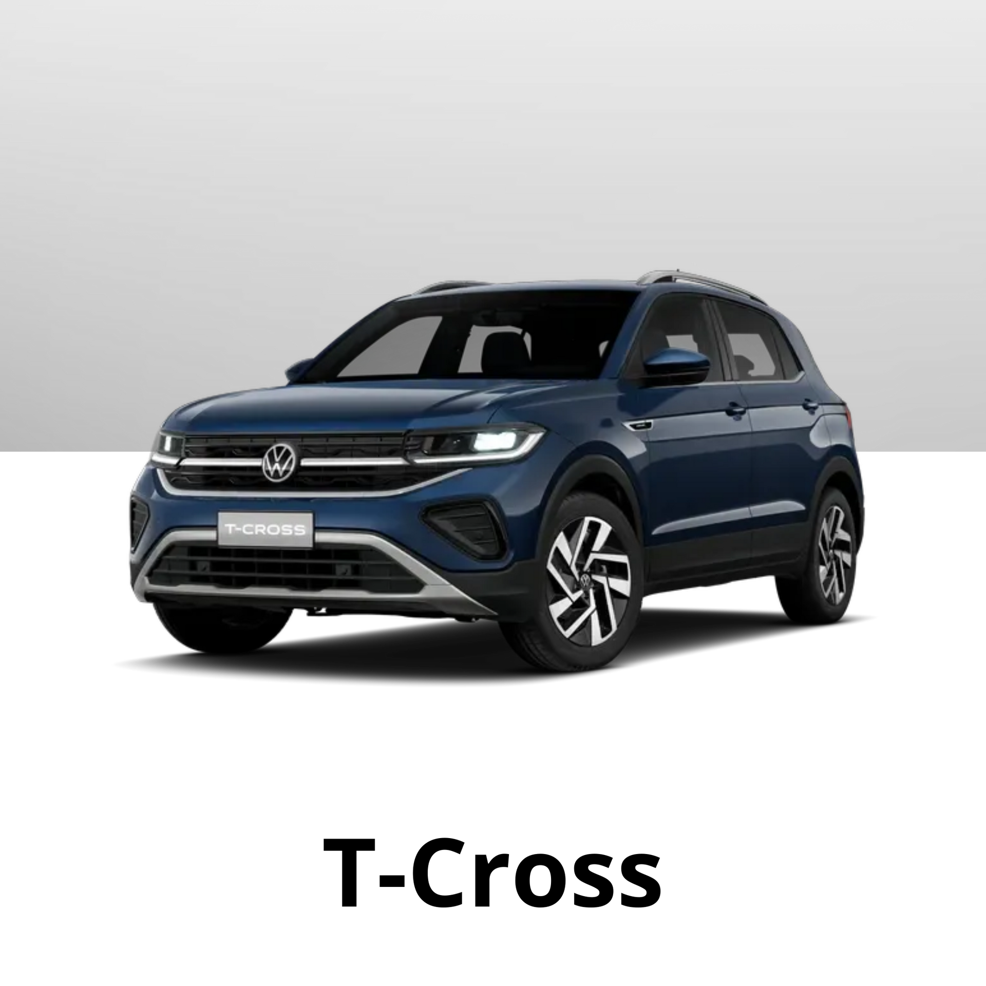 SUV Volkswagen T-Cross azul-escuro, visto de frente em um ângulo de três quartos contra um fundo cinza-claro liso.