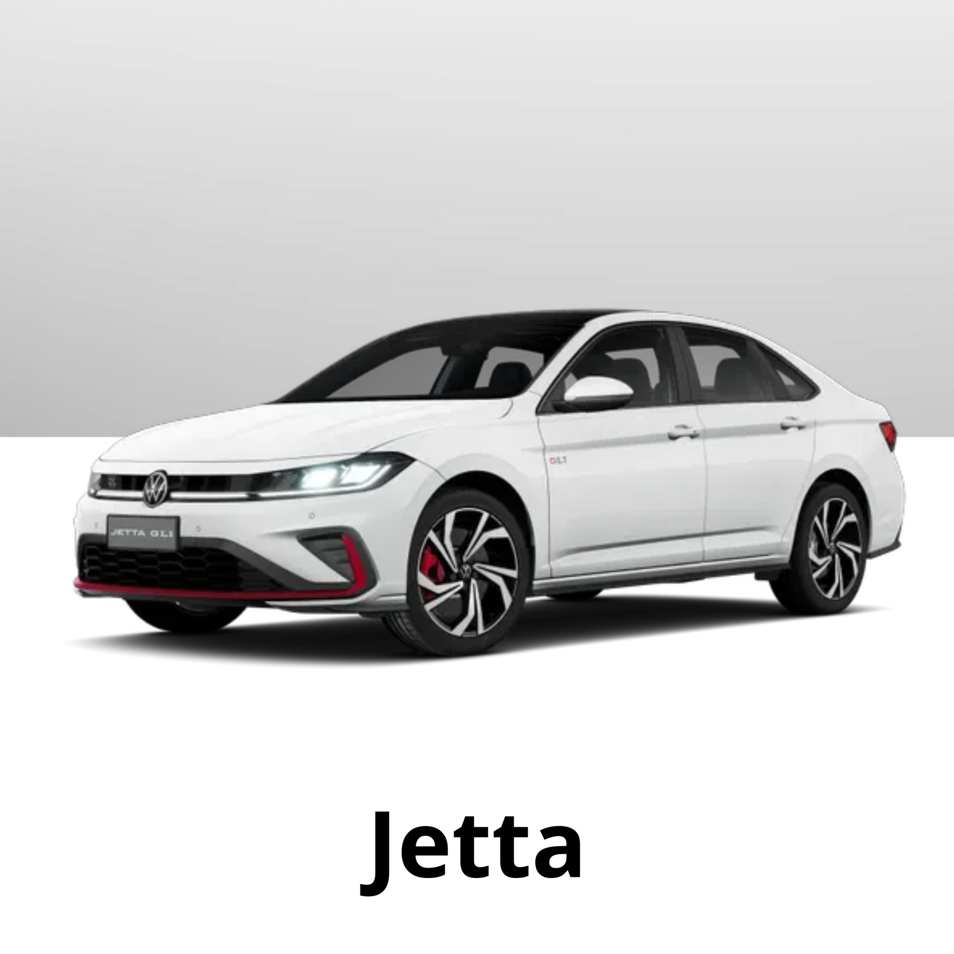 Um Volkswagen Jetta sedan branco visto de frente, em um ângulo de três quartos, contra um fundo claro e liso.